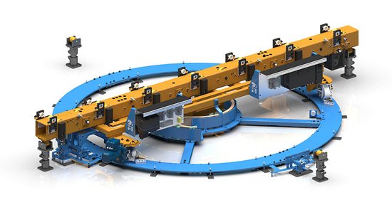 The corner transfer conveyor in combination with the rotating unit can turn pallets up to 360 degrees.