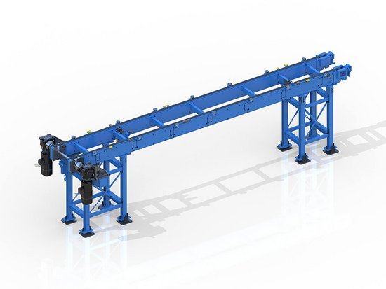 The overhead chain conveyor enables conveying of the pallet or carrier with ergonomic access to the conveyed material from below.