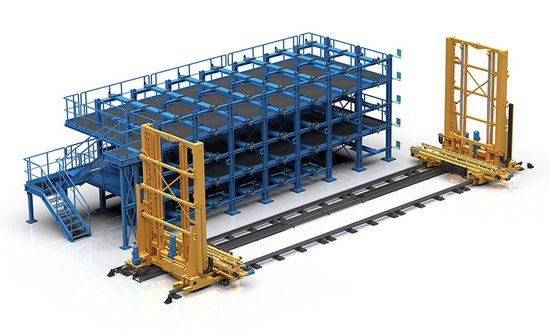 Layout of a stacker crane with pallet buffer.