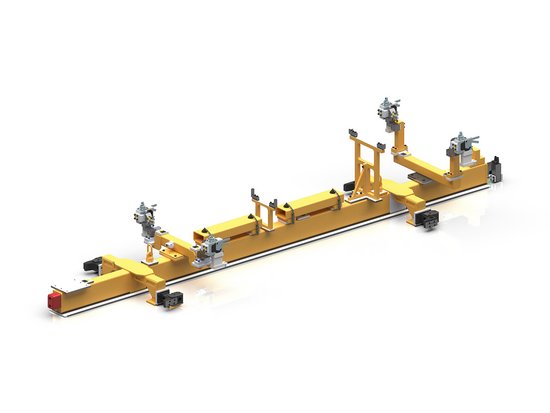 The geometry pallet transports car bodies from station to station.